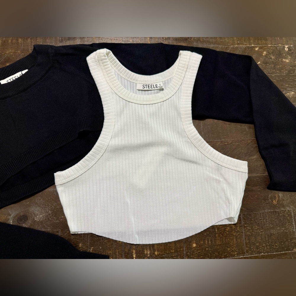 NWT Steele Lizeth Black Viscose Bolero White Ribbed Crop Muscle Tank Set Small - Picture 7 of 15
